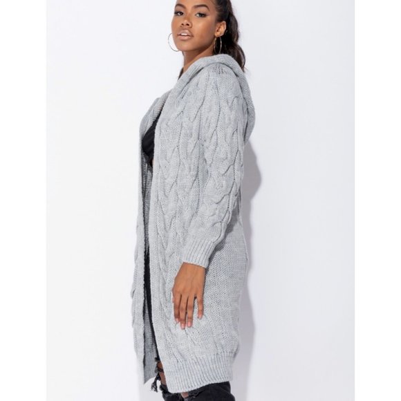 Chunky Cable Knit Long Sleeve Hooded Midi Cardigan - Picture 4 of 11